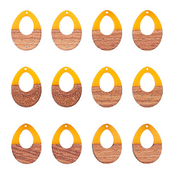Gold Resin & Wood Pendants, Teardrop, Gold, 37.5x28x3~3.5mm, Hole: 1.5mm, 12pcs/box