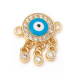 Golden Brass Micro Pave Clear Cubic Zirconia Links connectors, with Enamel, Long-Lasting Plated, Woven Net/Web with Evil Eyes, Golden, 14x12.5x3mm, Hole: 1.2mm