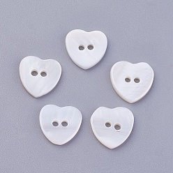 Floral White 2-Hole Shell Buttons, Undyed, Heart, Floral White, 12x12x2mm, Hole: 1.4mm