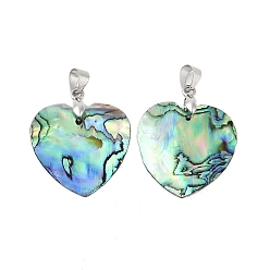 Платина Подвески из натурального ушка / ракушки, подвески-сердечки с латунными застежками на порожках, платина, 24~25.5x25~26x1.5~2 мм, отверстие : 4.5x5.5 мм