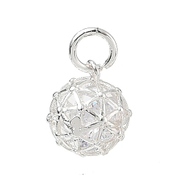 Silver Brass Micro Pave Clear Cubic Zirconia Charms, Round with Grid Charms, Rack Plating, Long-Lasting Plated, Silver, 10.5x8.5mm, Hole: 3mm