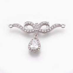 Платинированный Латунные микро проложить кубических ссылки циркония, без свинца, без кадмии и без никеля, долговечный, бантик и слеза, прозрачные, Реальная платина, 18x29.5x3.5 мм, отверстие : 1 мм