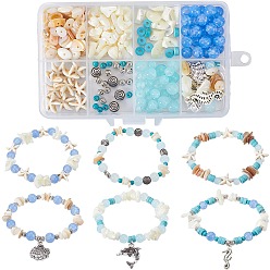 (52) Непрозрачная лаванда Набор для самостоятельного изготовления браслета из натуральных морских ракушек, Эластичные браслеты из синтетического магнезита и бирюзы с подвесками из сплава, разноцветные, 2x4x4.5 мм, отверстие : 0.7 мм