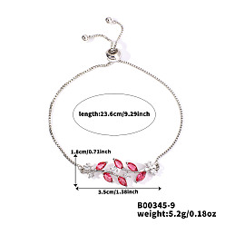 Красный Браслеты-слайдеры из латуни с микропаве и кубическим цирконием, браслеты с подвесками в виде листьев для женщин, платина, красные, 9-1/4 дюйм (23.6 см)