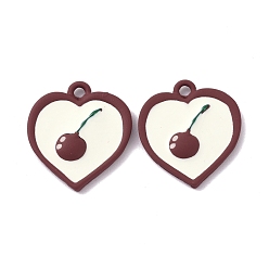 Floral White Alloy Enamel Pendant, Heart with Cherry, Floral White, 19.5x17.5x3mm, Hole: 1.5mm