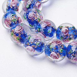 Blue Handmade Gold Sand Lampwork Beads Strands, Inner Flower, Round, Blue, 12.5~13.5mm, Hole: 1.5mm, about 28pcs/strand, 14.88 inch(37.8cm)