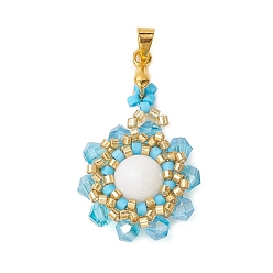 Светло-Голубой Подвески из натурального нефрита машан (окрашенные и нагретые), Цветочные стеклянные бусины в обертке с латунными дужками золотистого цвета, Небесно-голубой, 34x20x8 мм, отверстие : 3.5x4 мм