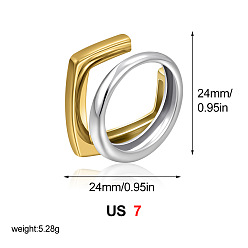 Golden & Stainless Steel Color Two Tone 304 Stainless Steel Finger Rings, Square, Golden & Stainless Steel Color, US Size 7(17.3mm)