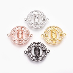 Color mezclado Micro latón allanan enlaces de circonio cúbico, sin plomo, cadmio, níquel, larga duración plateado, plano y redondo con virgen maría, Claro, color mezclado, 24x19x3 mm, agujero: 1.2 mm