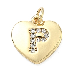 Letter P Латунные микропаве прозрачные подвески с фианитом, сердце прелести, без кадмия и без свинца, стойки покрытие, долговечный, реальный 18 k позолоченный, Письмо P, 15x15x2 мм, отверстие : 3 мм