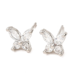 Clear Butterfly Platinum Brass Stud Earrings, with Clear Cubic Zirconia, Long-Lasting Plated, Lead Free & Cadmium Free, Clear, 7.5x8.5mm