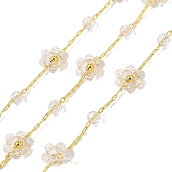 Прозрачный Латунные цепи с цветочными звеньями, со стеклом, стойки покрытие, долговечный, без свинца и без кадмия, несварные, с катушкой, реальный 18 k позолоченный, прозрачные, 2.8x0.9x0.3 мм