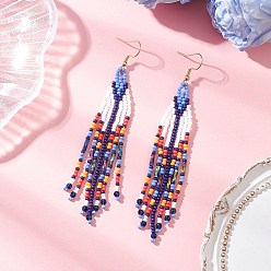 Темно-Синий Серьги-стрелы из стеклянных бусин ручной работы, с 304 нержавеющей стали серьги крючки, золотые, темно-синий, 101x15 мм