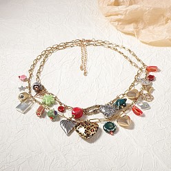 Золотой Подвеска в виде цветка-сердечка из цинкового сплава, фарфора, стекла и пластика CCB, двухслойное ожерелье-нагрудник., красочный, золотые, 18.50~21.26 дюйм (47~54 см), 2 шт / комплект