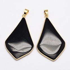 Black Rhombus Real Gold Plating Brass Glass Pendants, Black, 50x29x4mm, Hole: 5x3mm