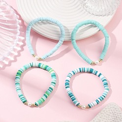 Бирюза 4 шт. 4 цвета браслеты из полимерной глины ручной работы хейши и ракушечных бусин с бусинами для женщин, бирюзовые, внутренний диаметр: 2-1/8 дюйм (5.3 см), 1 шт / цвет
