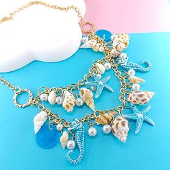 Темно-Голубой Ожерелья с подвесками из сплава и пластика с жемчугом и натуральными ракушками, двухслойные подвесные ожерелья, золотые, морской конек/форма ракушки/морская звезда, глубокое синее небо, 17.72 дюйм (45 см)