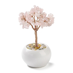 Rose Quartz Natural Rose Quartz Chips Tree Decorations, Ceramic Bowl Base Copper Wire Feng Shui Energy Stone Gift for Home Desktop Decoration, 65~68x130~135mm