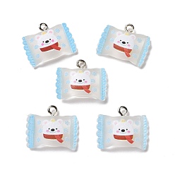 Light Blue Christmas Theme Transparent Resin Pendants, with Platinum Tone Iron Loops, Candy Bag Charm with Bear Pattern, Light Blue, 17x20.5x5mm, Hole: 2mm