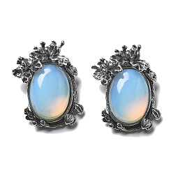 Опал Opalite подвески, овальные подвески с латунными листьями, античное серебро, без свинца и без кадмия, 28x21x9 мм, отверстие : 6.5x3 мм