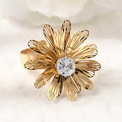 Золотой 201 Регулируемые кольца-манжеты из нержавеющей стали с одинарным кубическим цирконием для женщин, цветок, золотые, 25x24.5 мм, внутренний диаметр: 18 мм