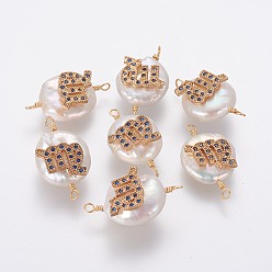Virgo Natural Pearl Links connectors, with Brass Micro Pave Cubic Zirconia Findings, Flat Round with Constellation, Golden, Marine Blue, Virgo, 20~26x9~17x5~11mm, Hole: 1.6mm
