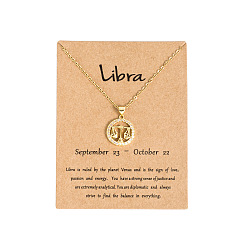 Весы Латунные микропаве прозрачные кубические цирконии плоские круглые подвески в виде созвездий, ожерелья из нержавеющей стали, золотые, Весы, 19.69 дюйм (50 см)