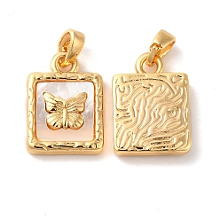 Настоящее золото 18K Латунь квадратных подвески, подвески в виде бабочек с натуральной оболочкой, реальный 18 k позолоченный, 16.5x11.5x3 мм, отверстие : 2x4 мм