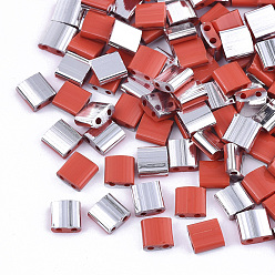 Red FGB 2-Hole Glass Seed Beads, Half Platinum Plated Colours, Square, Red, 5x4.5~5.5x2~2.5mm, Hole: 0.5~0.8mm, about 1180pcs/bag