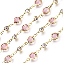 Бледно-Розовый Латунные соединительные цепи ручной работы, С граненым стеклом, горный хрусталь и шпуля, пайки, долговечный, плоско-круглые, золотые, розовый жемчуг, стеклянные звенья: 13x6.5x3 мм, горный хрусталь ссылки: 8x4x3.5мм, ссылка: 4.5x2.5x0.4 mm, около 32.8 футов (10 м) / рулон