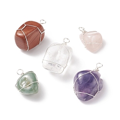 Mixed Stone Natural Mixed Stone Pendants, with Silver Tone Eco-Friendly Copper Wire Wrapped, Nuggets Charm, 29~38.5x16~23.5x12~18.5mm, Hole: 4mm