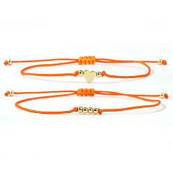 Оранжевый 2шт. 2 стили богемные латунные бусины плетеные браслеты из бусин, Браслеты из нейлоновой нити плетеные для женщин, круглый и сердце, золотые, оранжевые, 11.02 дюйм (28 см)