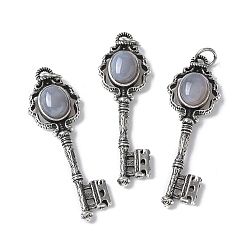 Серый агат Ключ латунный натуральный серый агат большие подвески, с целью перехода в кольце, античное серебро, 55.5x16.5x5~6.5 мм, отверстие : 4.5 мм