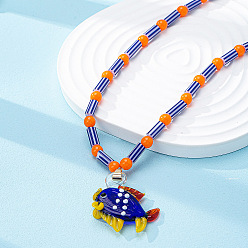 Синий Летние летние пляжные рыбки, пластиковые подвески, стеклянные бусины, ожерелья для женщин, синие, 15.94 дюйм (40.5 см), Кулон : 30x27 мм