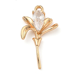 Цветок Латунные микропаве прозрачные подвески с фианитом, реальный 18 k позолоченный, цветок, 28x15.5x3.5 мм, отверстие : 1.8 мм