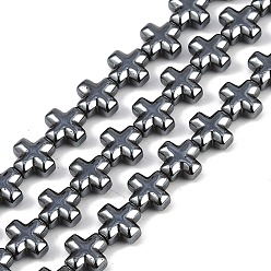 Металлическо-черное Гальванопокрытие Гальванические нити из синтетических немагнитных гематитовых бусин, крестик, покрытие черного цвета металла, 6x6x3 мм, отверстие : 0.7 мм, около 66 шт / нитка, 15.75'' (40 см)
