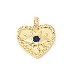 Настоящее золото 18K Латунные микропаве прозрачные подвески с фианитом, сердце с оберегами от сглаза, без свинца и без кадмия, стойки покрытие, реальный 18 k позолоченный, 20.5x22x4.5 мм, отверстие : 5x3 мм