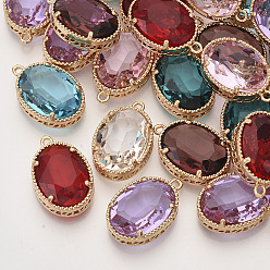 Mixed Color Faceted Glass Pendants, with Golden Tone Brass Open Back Settings, Oval, Mixed Color, 22~23.5x15.5x8mm, Hole: 1.5mm