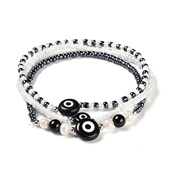 Black Agate Stretch Bracelets Sets, Stackable Bracelets, with Natural Black Agate(Dyed) Beads, Evil Eye Handmade Lampwork Beads, Glass Seed Beads, Natural Pearl Beads and Brass Beads, Inner Diameter: 6cm, 3pcs/set