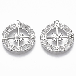 Платинированный Латунные микро проложить кубического циркония подвески, без никеля , плоский круглый с четырьмя сторонами света, прозрачные, Реальная платина, 21.5x19x2.5 мм, отверстие : 1.2 мм