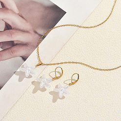 White Bohemian 201 Stainless Steel & Plastic Starfish Pendant Necklace & Earrings Sets for Women, Golden, White, 17.72 inch(45cm)