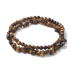 Тигровый глаз Женские эластичные браслеты с чипсами и круглыми натуральными бусинами «тигровый глаз», внутренний диаметр: 1-7/8~2-1/8 дюйм (4.7~5.5 см), 2 шт / комплект