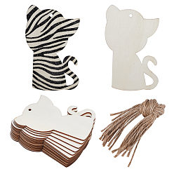 Cat Shape Тема животных незаконченные пустые деревянные подвески набор для рисования искусство, пирография, домашнего декора, с джутовым шнуром, форма кошки, 10.1x6.4x0.2 см, отверстие : 3.5 мм, 20 шт