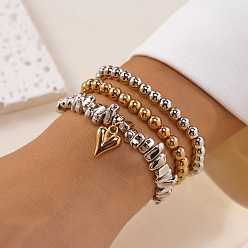 Золотой & Цвет Нержавеющей Стали 3шт. 3 стили браслетов и эластичных браслетов из сплава и пластиковых самородков CCB с бусинами для женщин, сердце, золотые и нержавеющая сталь цвет, 7.09 дюйм (18 см)