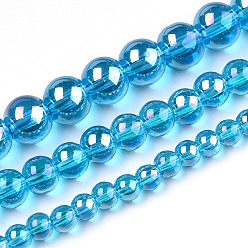 Deep Sky Blue Electroplate Transparent Glass Beads Strands, AB Color Plated, Round, Deep Sky Blue, 8~8.5mm, Hole: 1.5mm, about 51~53pcs/strand, 14.96 inch~15.55 inch(38~39.7cm)