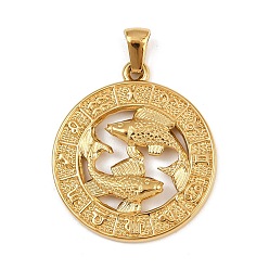 Рыбы 304 подвески из нержавеющей стали, ионное покрытие (ip), плоские круглые с созвездием, золотые, Рыбы, 29x25.5x3.5 мм, отверстие : 4.5x3 мм