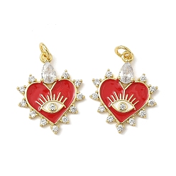 Красный Латунные микро проложить кубического циркония подвески, сердце с сглаза, эмаль стиль настоящее 18k позолота, с целью перехода в кольце, красные, 23x18x3 мм, отверстие : 3.5 мм