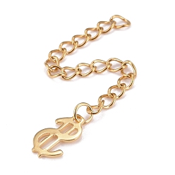 Golden 304 Stainless Steel Chain Extender, Curb Chain, with 202 Stainless Steel Charms, Dollar Sign, Golden, 64mm, Link: 3.7x3x0.5mm, Dollar Sign: 11x7x0.6mm
