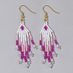 Фиолетовый Серьги-кисточки из бисера ручной работы из богемного стекла, золотые, фиолетовые, 75x20 мм