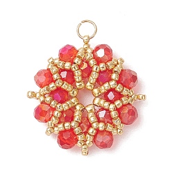 Красный Цвет AB покрытием стеклянные подвески, цветочный шарм, с 304 соединительным кольцом из нержавеющей стали и бисером, граненые, красные, 23x5 мм, отверстие : 3 мм
